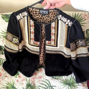 Gorgeous Vintage Embroidered Berek Black Blazer with Leopard Accents